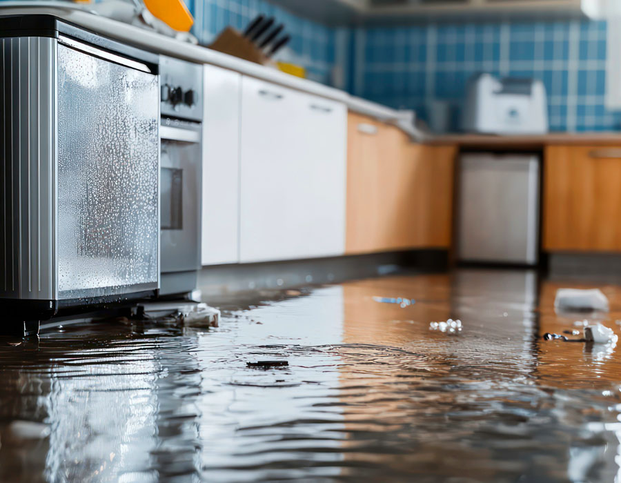 Flooded kitchen, water damaged, water and fire restoration services